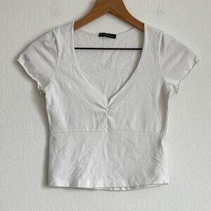 Brandy Melville Gina Top White Baby V-Neck Tee Cinched Ruched Coquette V-Neck OS